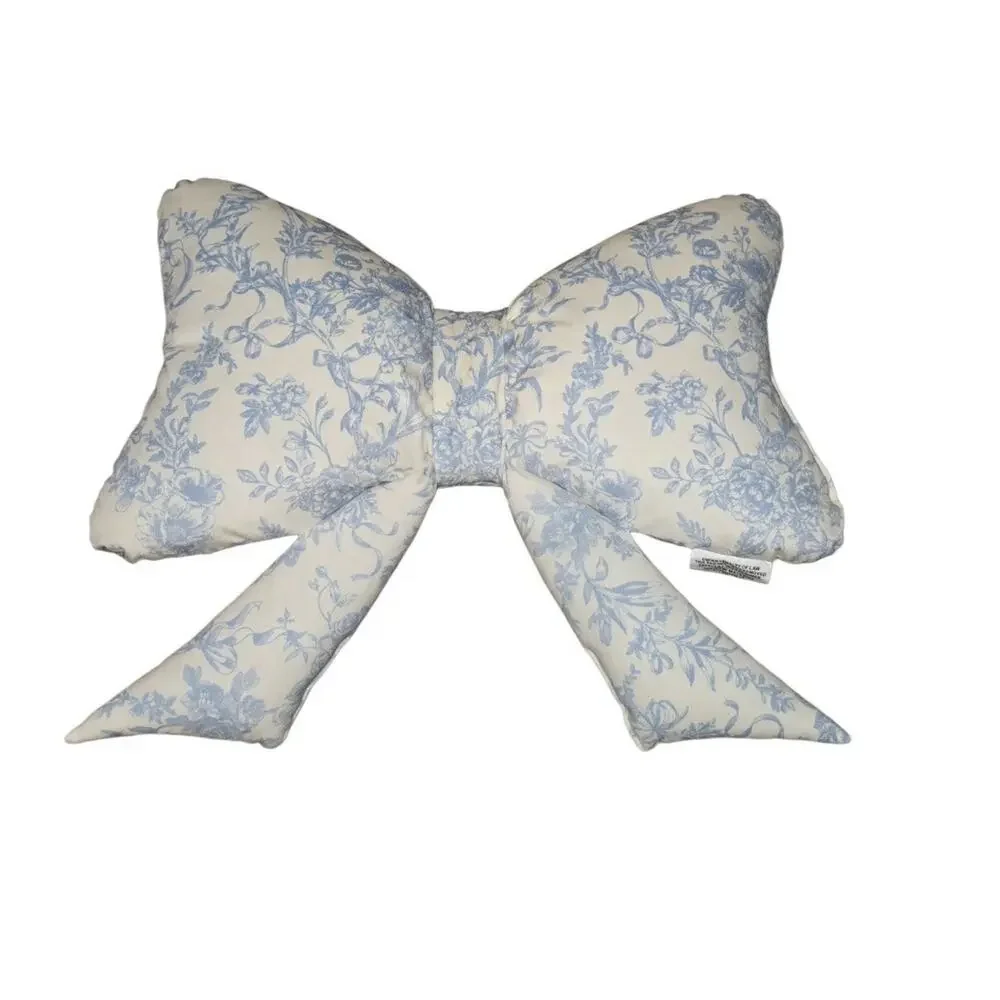 Envogue Blue Floral Toile Pattern Decor Bow Pillow Viral Coquette Cottagecore